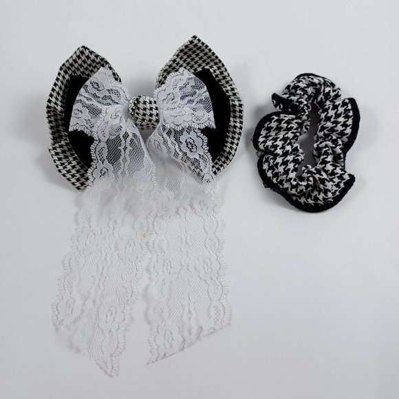 Vintage Houndtooth Hair Barette & Hair Ties -Lace Accent -2 Pc Set *MINOR WEAR - Picture 7 of 9